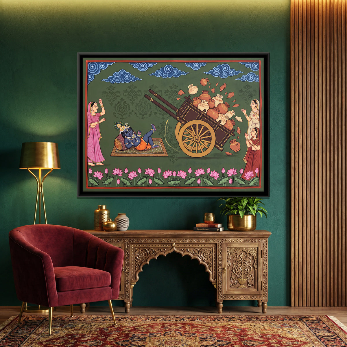 Infant Krishna Overturns the Cart - canvas art shown in a styled room