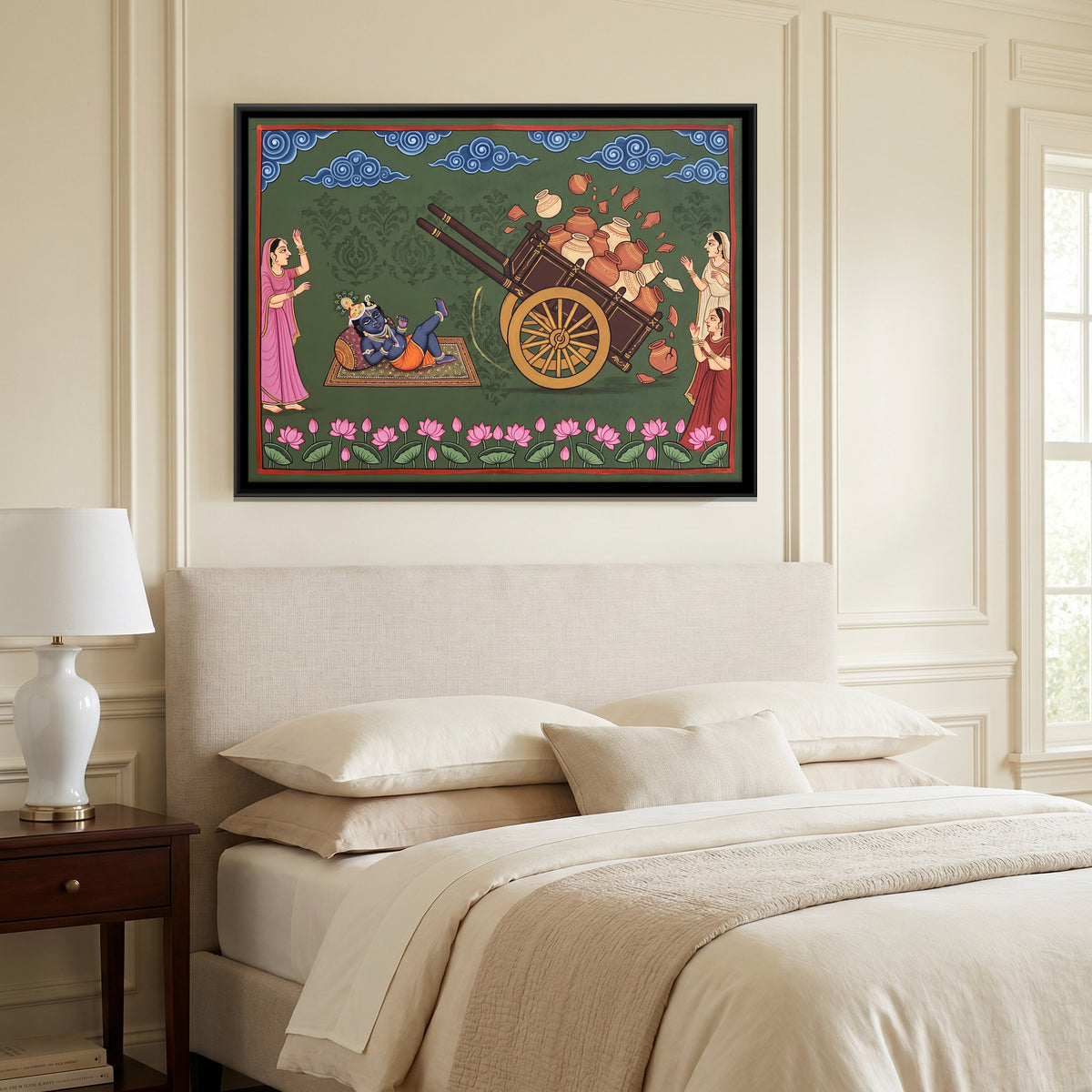 Infant Krishna Overturns the Cart - canvas art shown in a second room setting