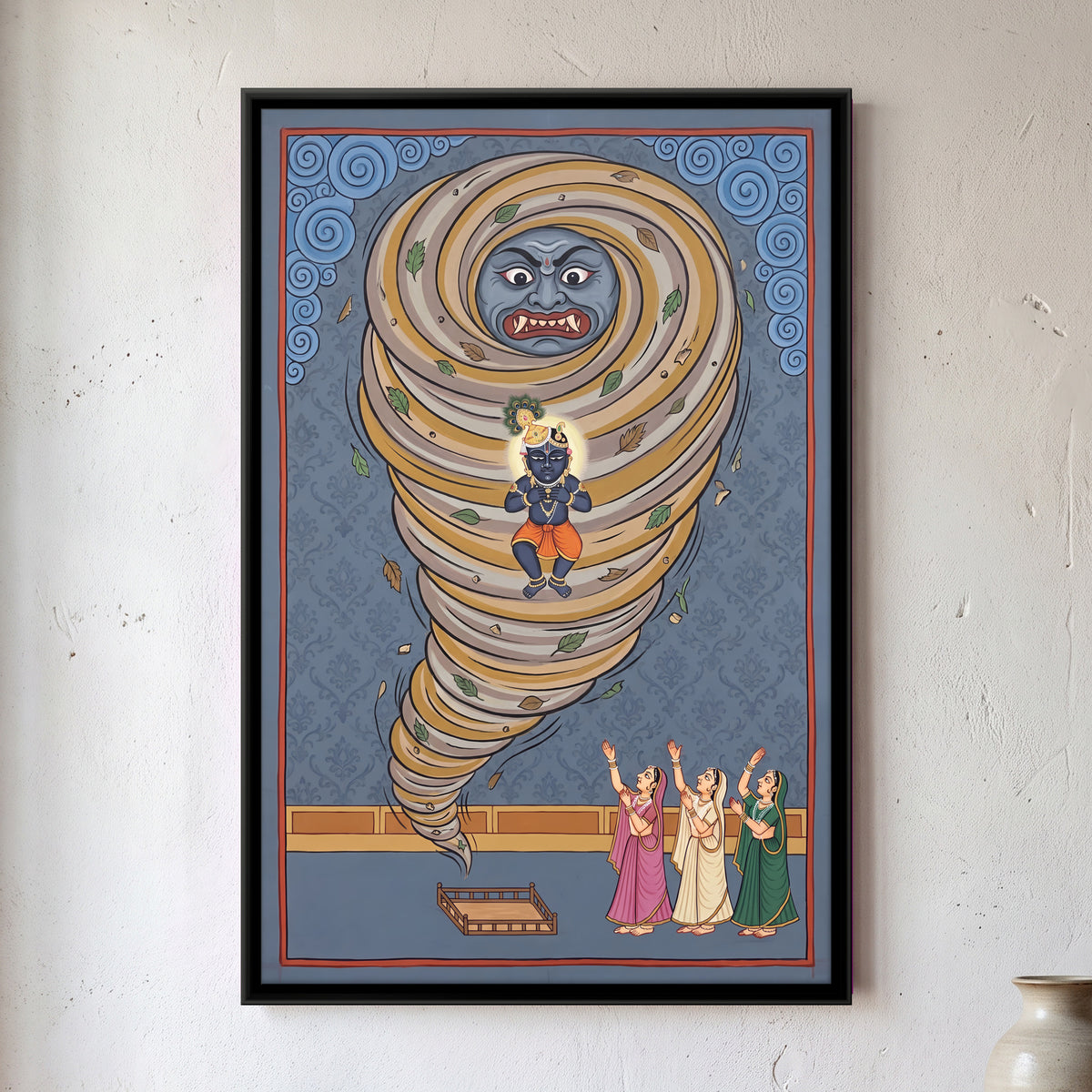 Krishna and the Whirlwind Demon - framed canvas art hung on a wall