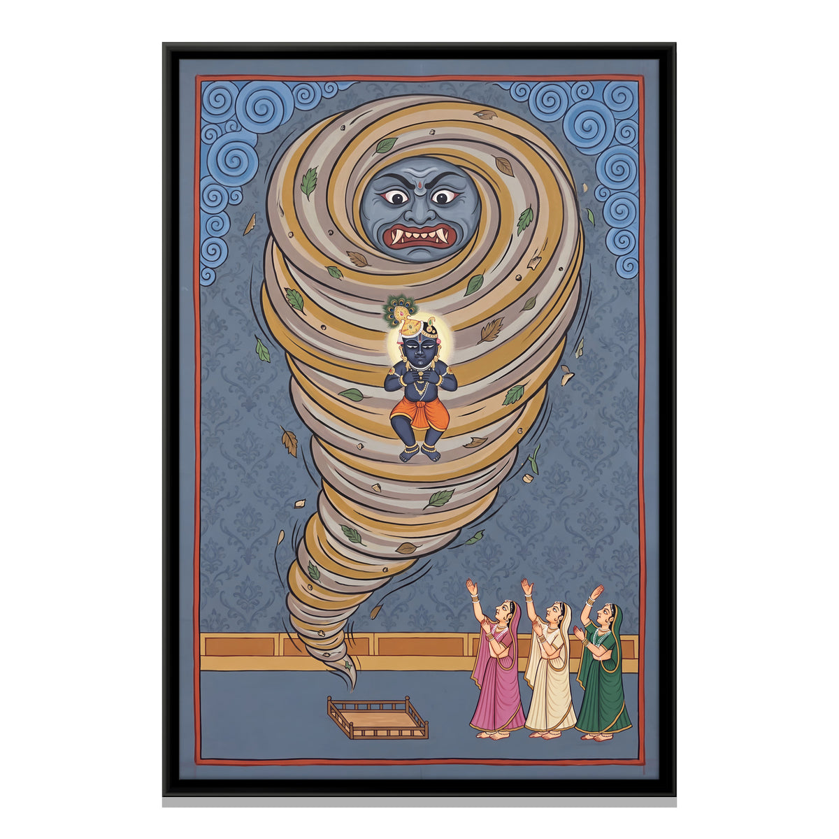 Krishna and the Whirlwind Demon - framed canvas print, front view