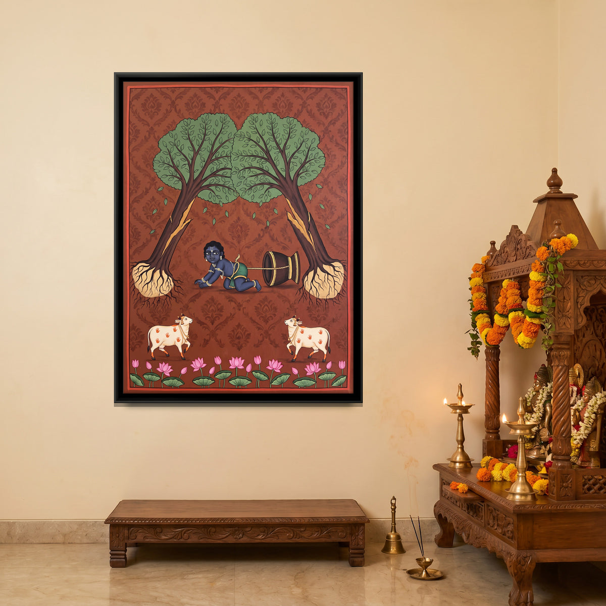 Krishna Tied to the Mortar - canvas art shown in a styled room