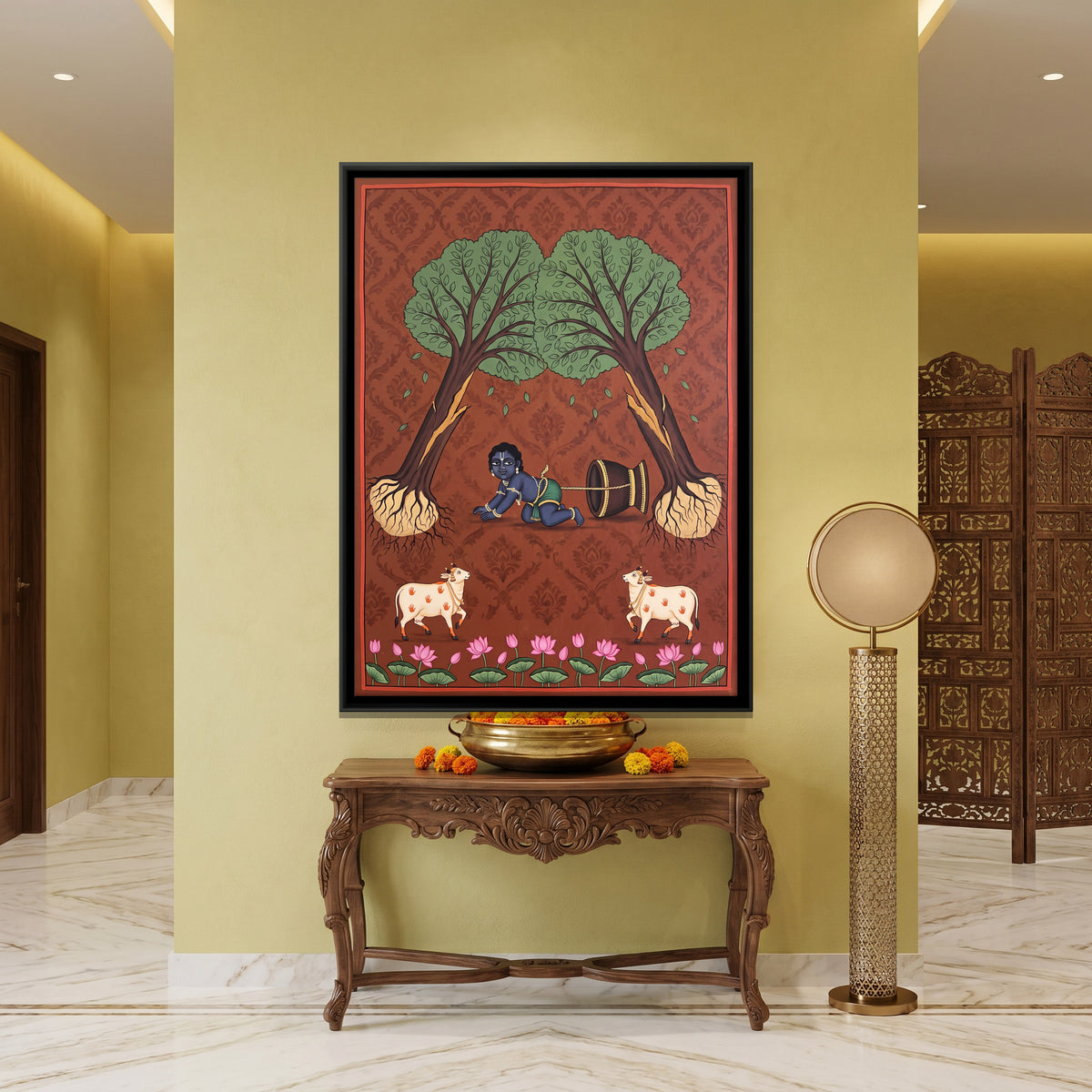 Krishna Tied to the Mortar - canvas art shown in a second room setting