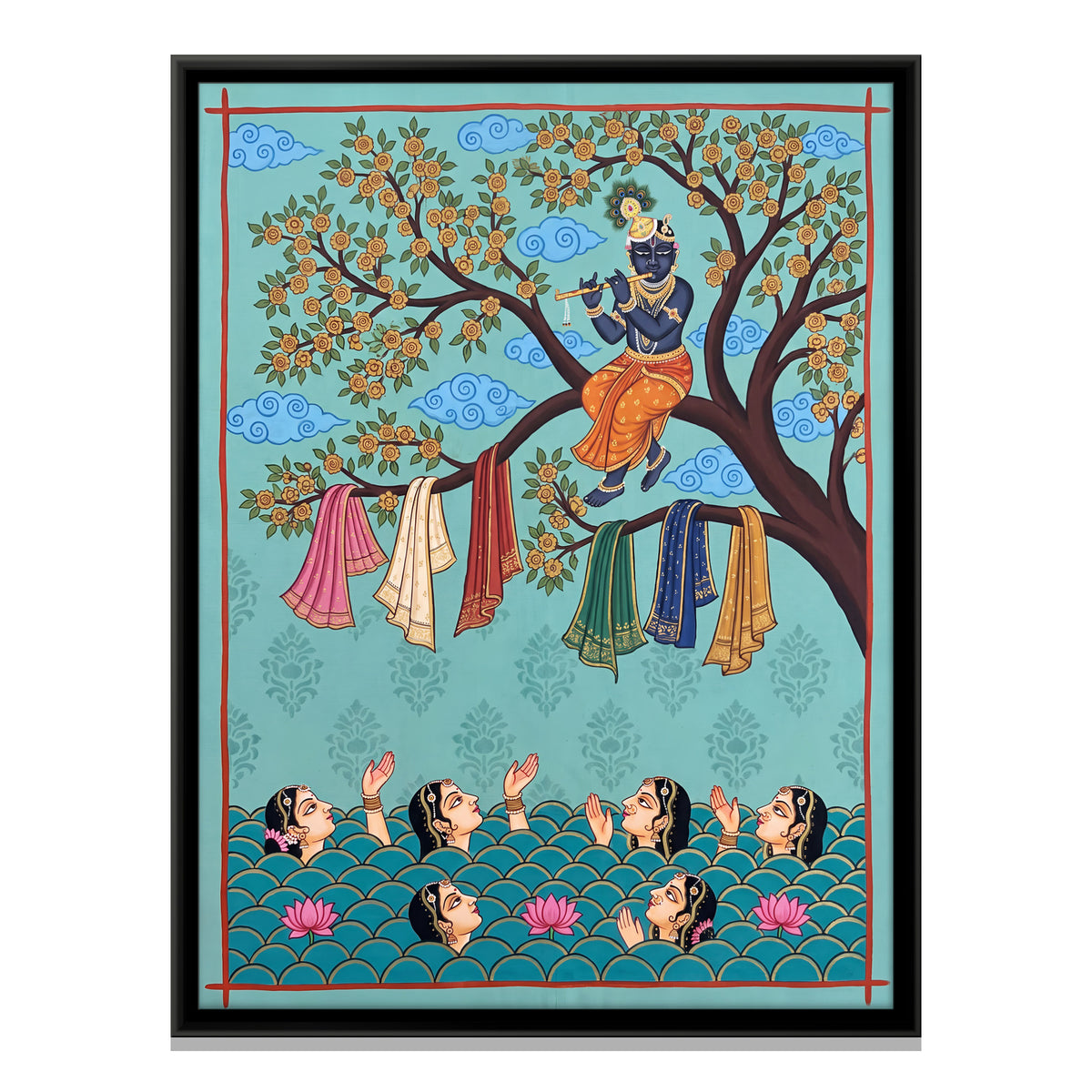 Krishna Takes the Gopis' Garments - framed canvas print, front view
