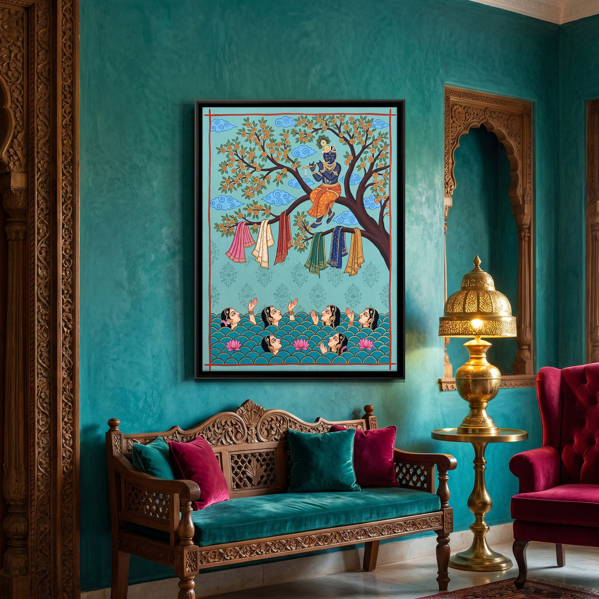 Krishna Takes the Gopis' Garments - canvas art shown in a second room setting