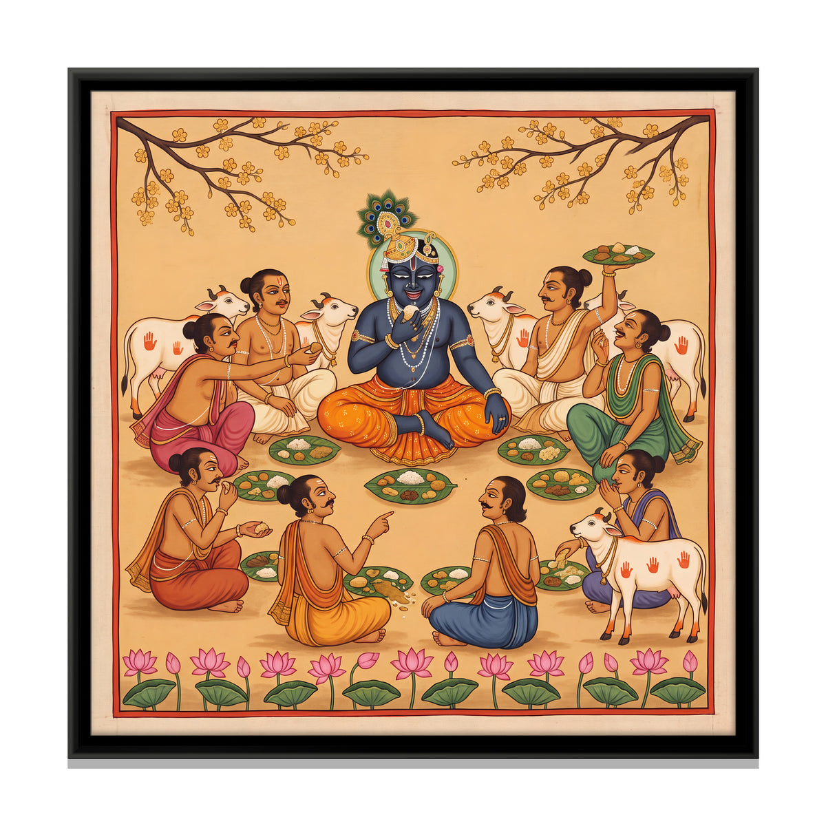 Krishna's Forest Feast with Cowherds - framed canvas print, front view