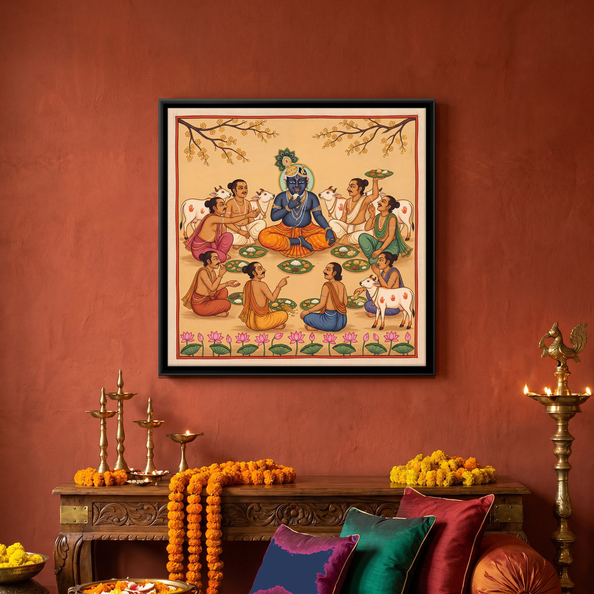 Krishna's Forest Feast with Cowherds - canvas art shown in a styled room