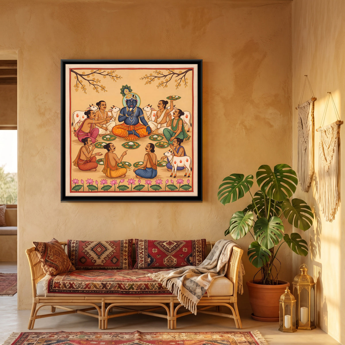 Krishna's Forest Feast with Cowherds - canvas art shown in a second room setting