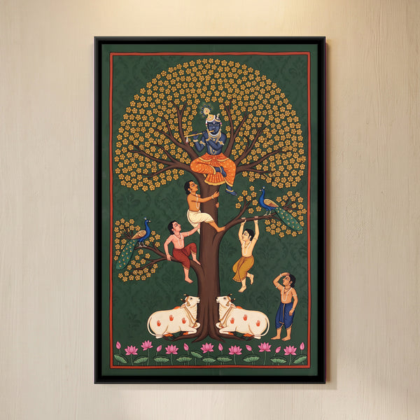 Shri Krishna Playing Flute in a Flowering Tree