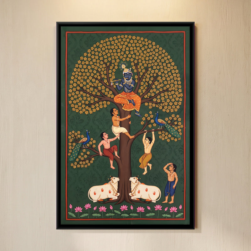 Krishna in the Flowering Tree - framed canvas art hung on a wall