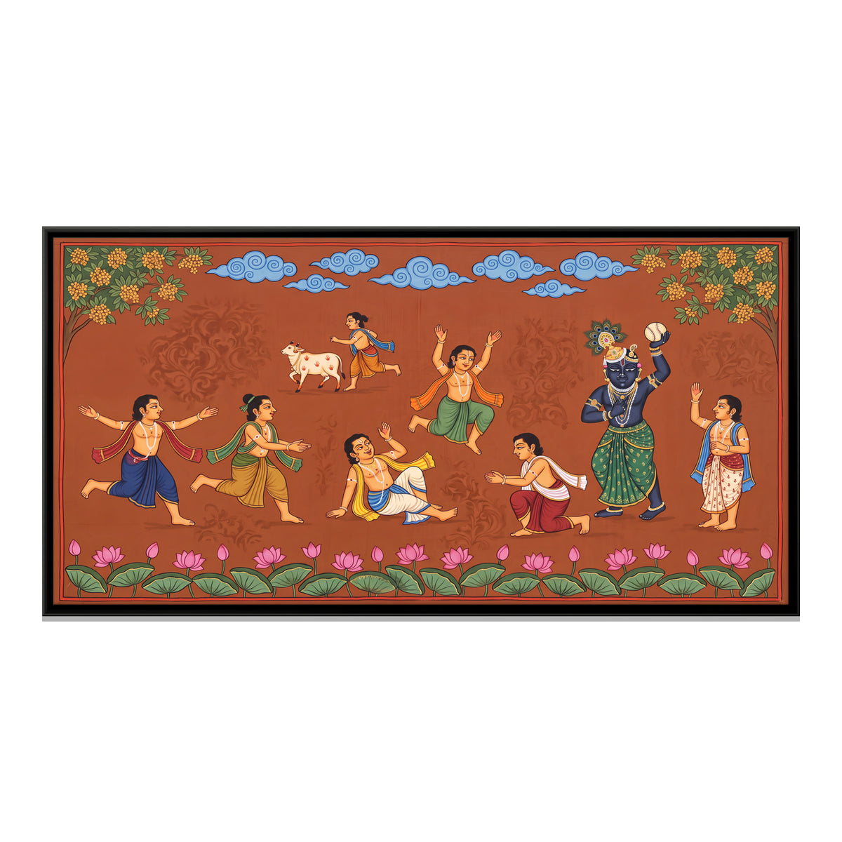 Krishna Playing Ball with Cowherds - framed canvas print, front view