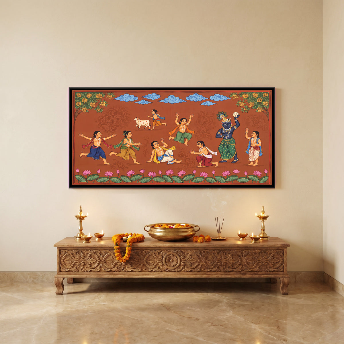 Krishna Playing Ball with Cowherds - canvas art shown in a second room setting