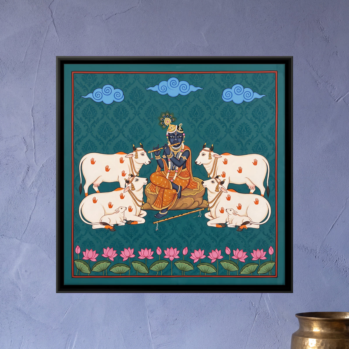 Krishna Playing the Flute Among Cows - framed canvas art hung on a wall