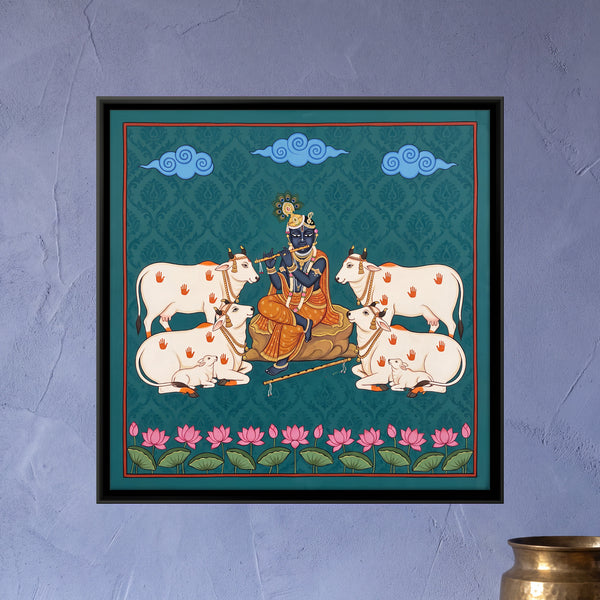 Shri Krishna Playing Flute Seated Among Cows