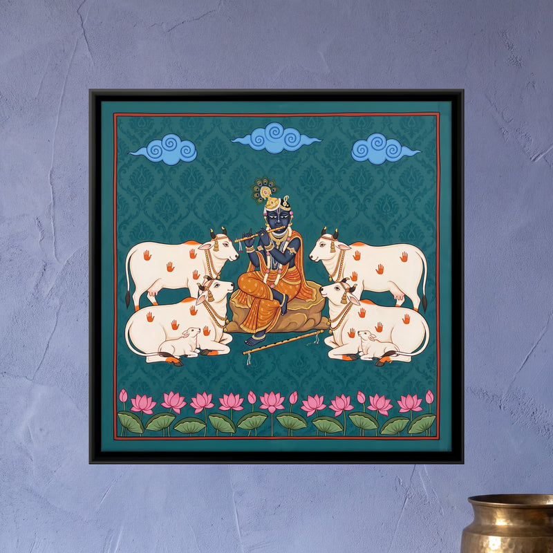 Krishna Playing the Flute Among Cows - framed canvas art hung on a wall