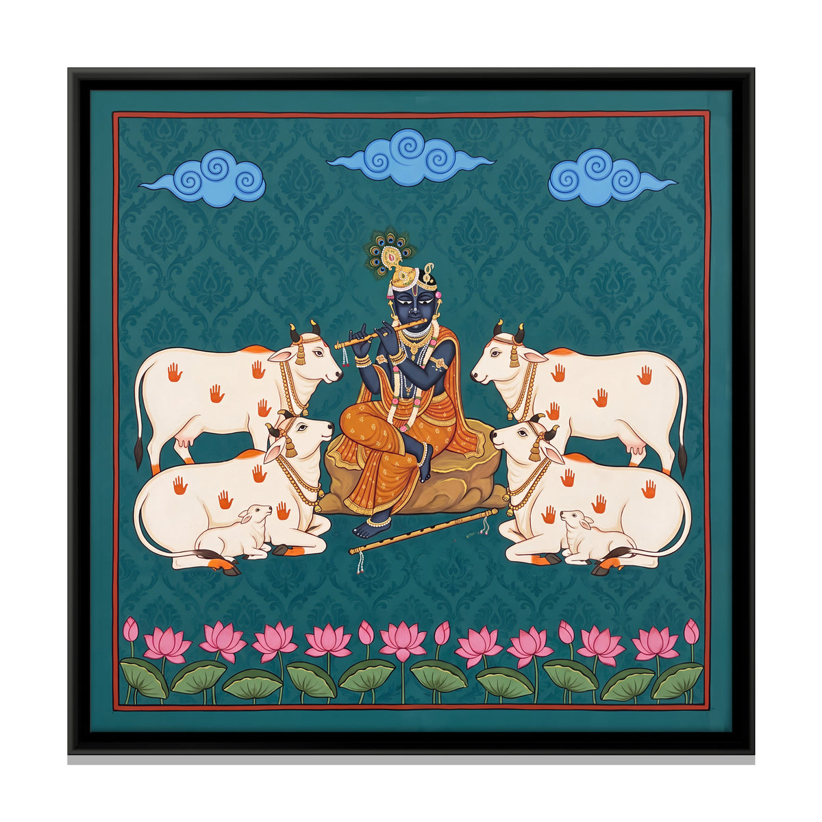 Krishna Playing the Flute Among Cows - framed canvas print, front view