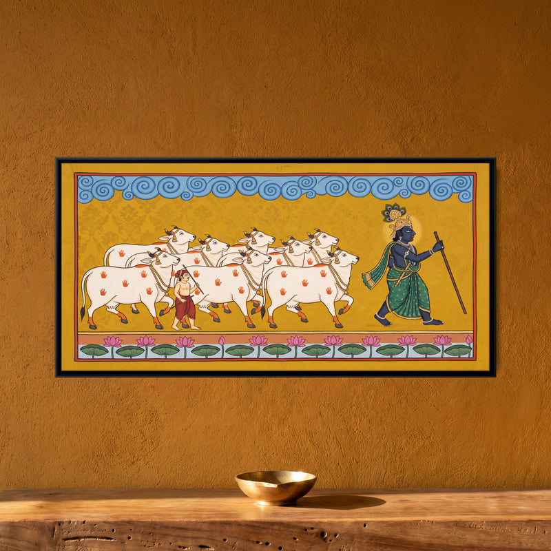 Krishna Herding His Cows - framed canvas art hung on a wall