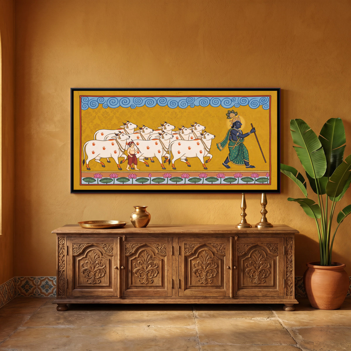 Krishna Herding His Cows - canvas art shown in a styled room