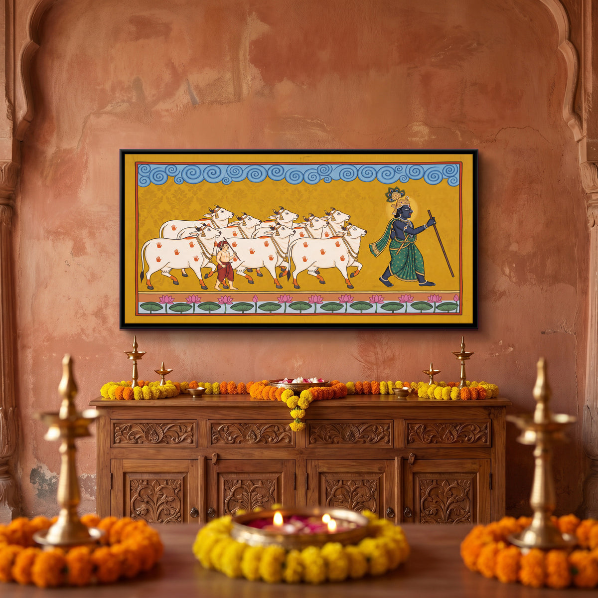 Krishna Herding His Cows - canvas art shown in a second room setting