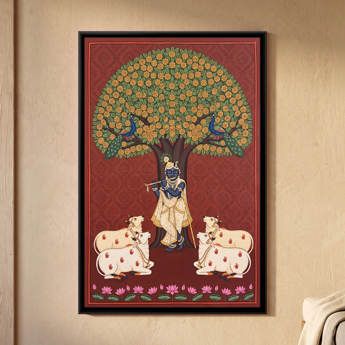 Krishna and Cows Beneath a Flowering Tree - framed canvas art hung on a wall