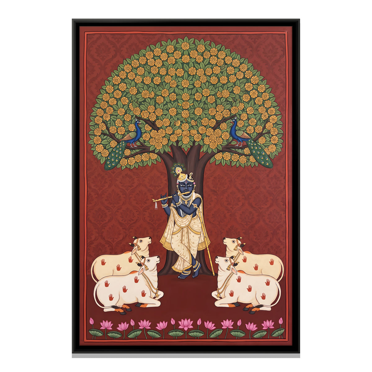 Krishna and Cows Beneath a Flowering Tree - framed canvas print, front view