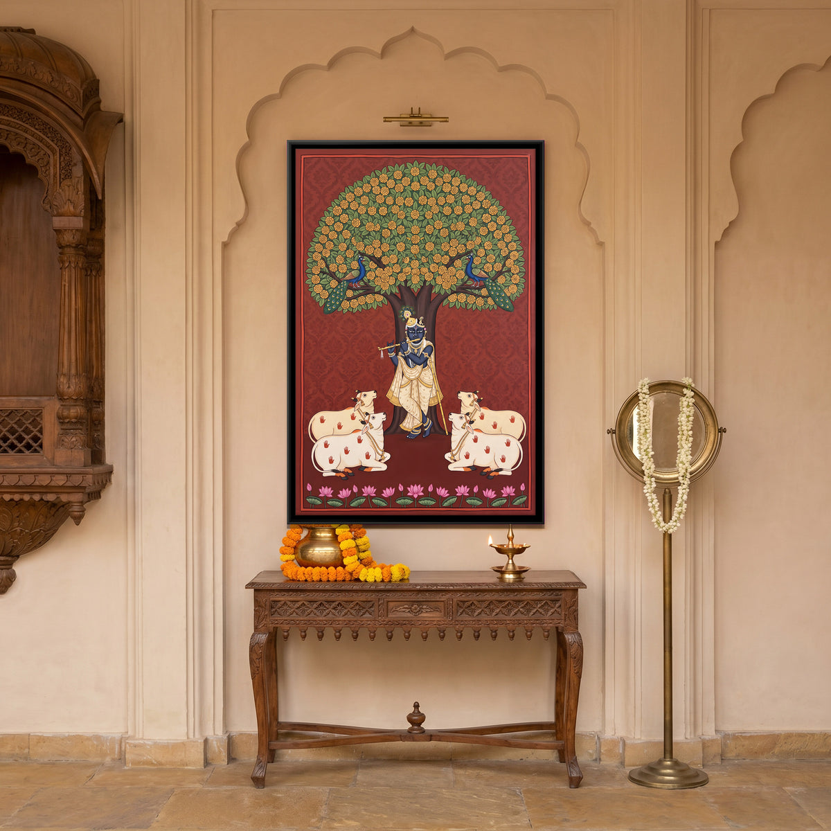 Krishna and Cows Beneath a Flowering Tree - canvas art shown in a second room setting