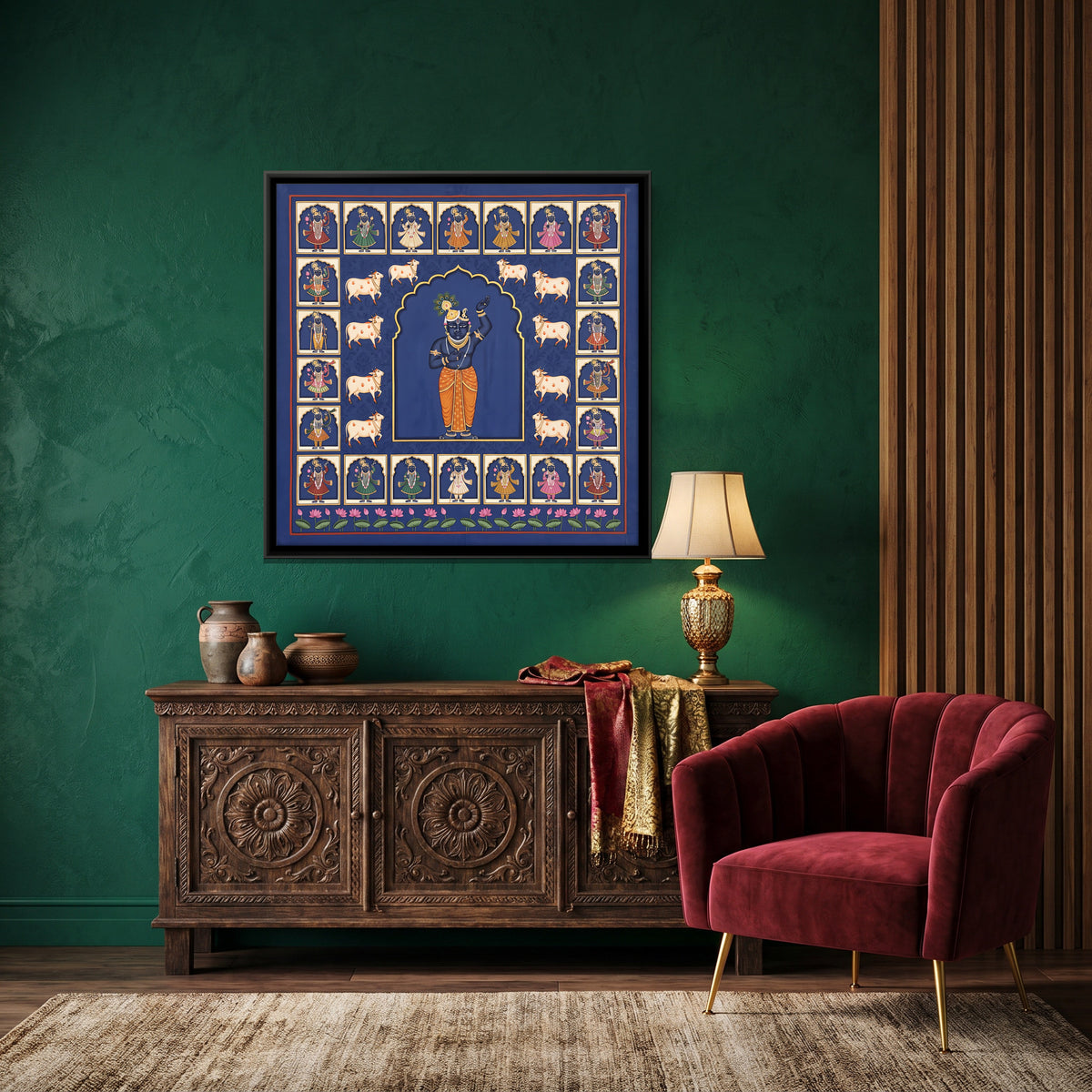 Shrinathji with His Many Forms - canvas art shown in a styled room