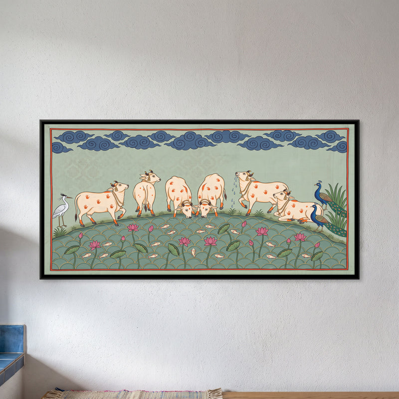 Cows at a Lotus Pond - framed canvas art hung on a wall