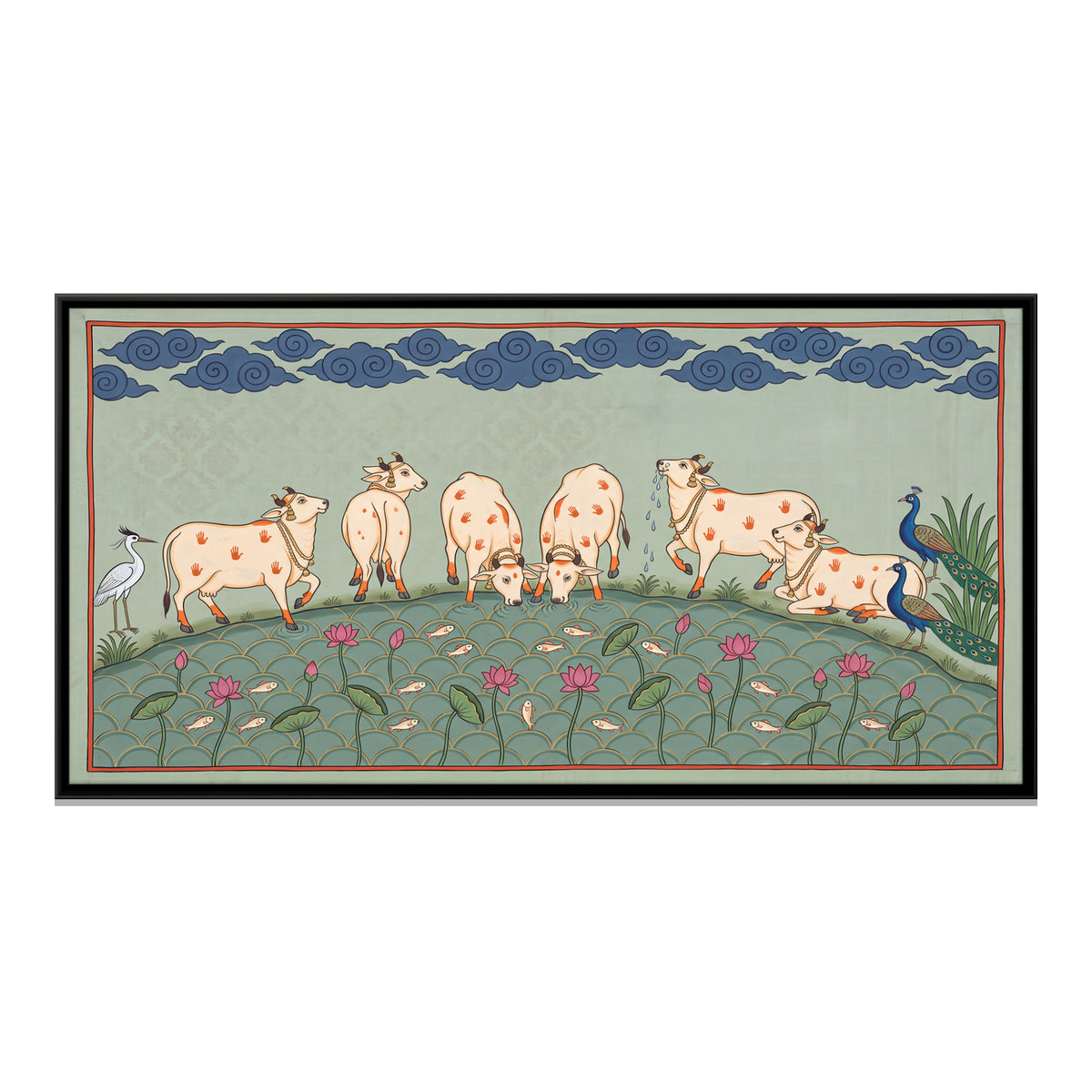 Cows at a Lotus Pond - framed canvas print, front view