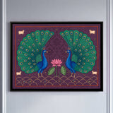 Two Peacocks in Display Facing a Lotus