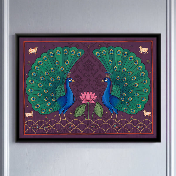 Two Peacocks in Display Facing a Lotus