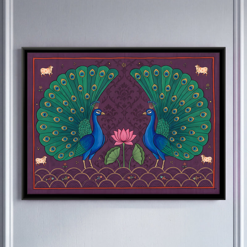 Peacock Pair with Lotus - framed canvas art hung on a wall