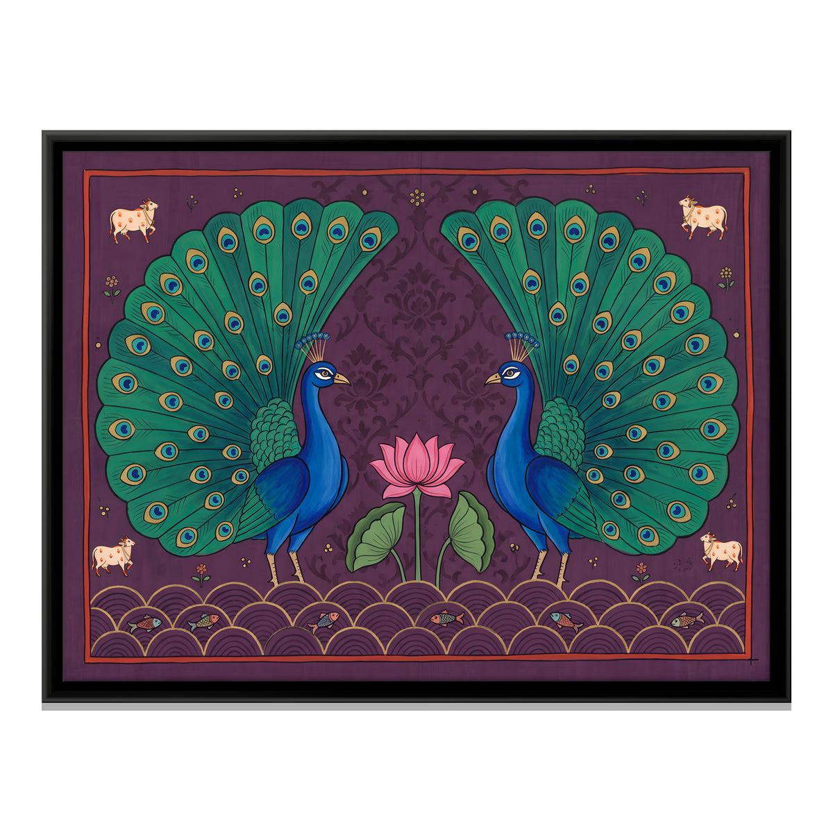 Peacock Pair with Lotus - framed canvas print, front view