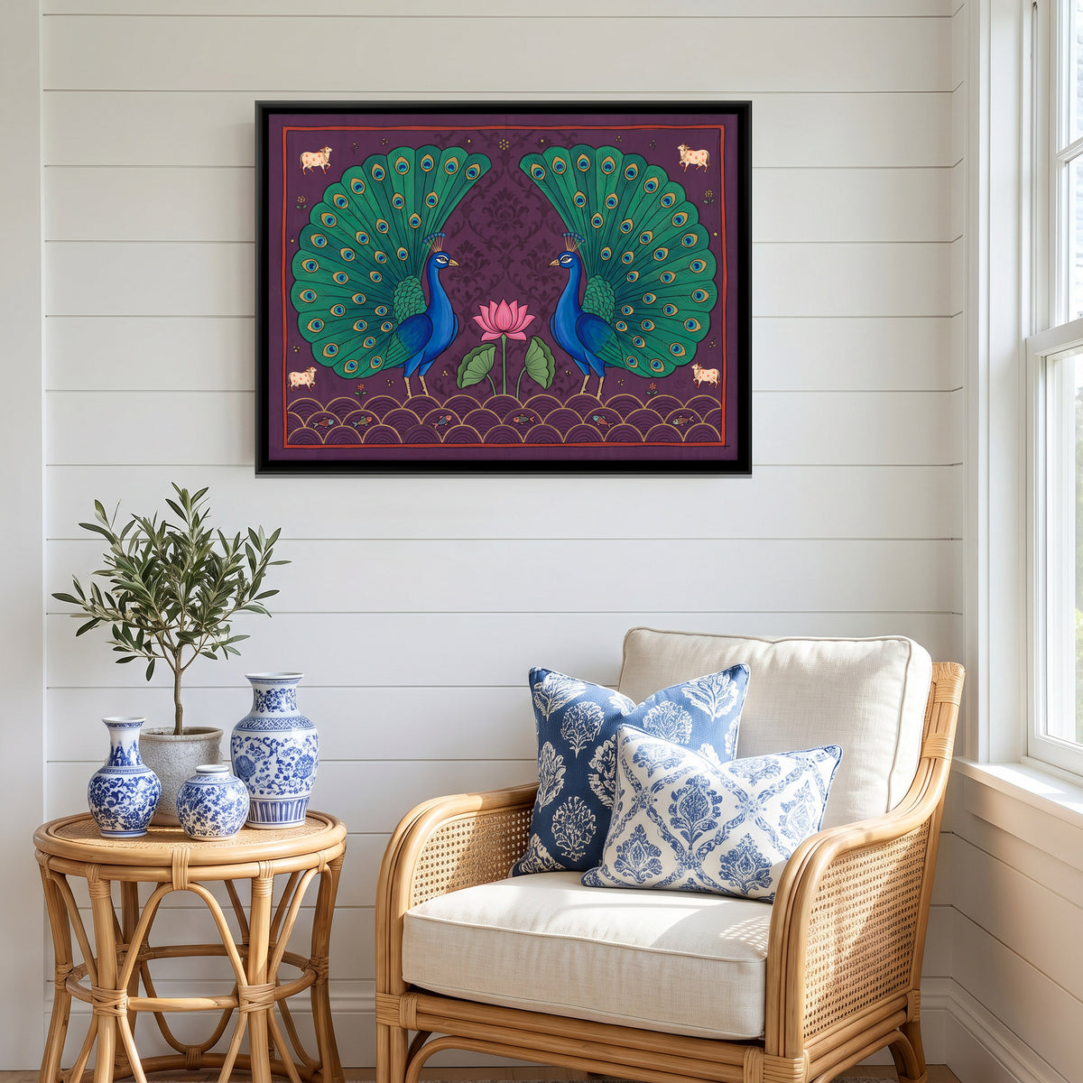 Peacock Pair with Lotus - canvas art shown in a styled room