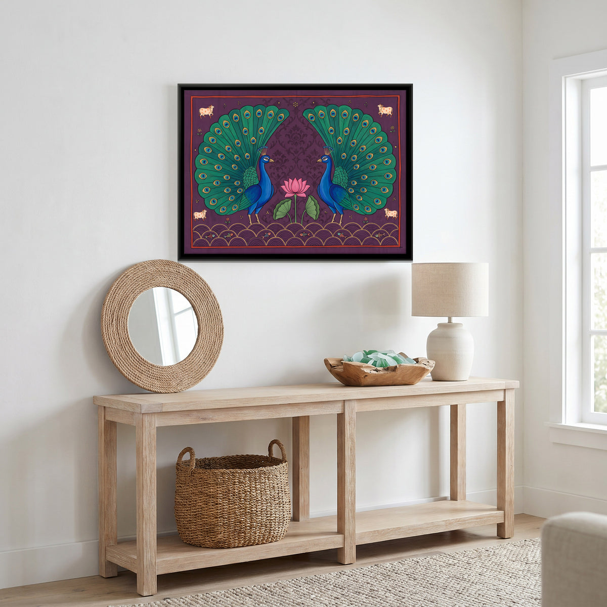 Peacock Pair with Lotus - canvas art shown in a second room setting