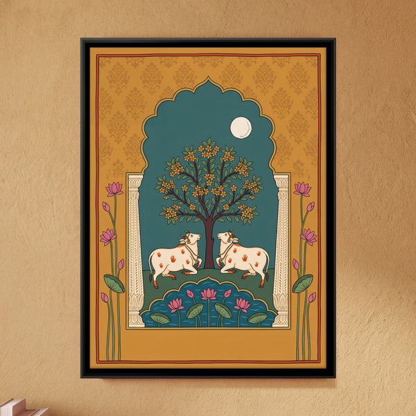 Two Cows Resting Beneath a Flowering Tree in Ochre