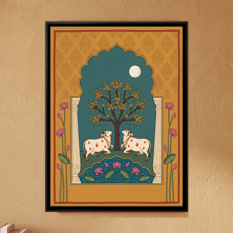 Cows Beneath a Flowering Tree - framed canvas art hung on a wall