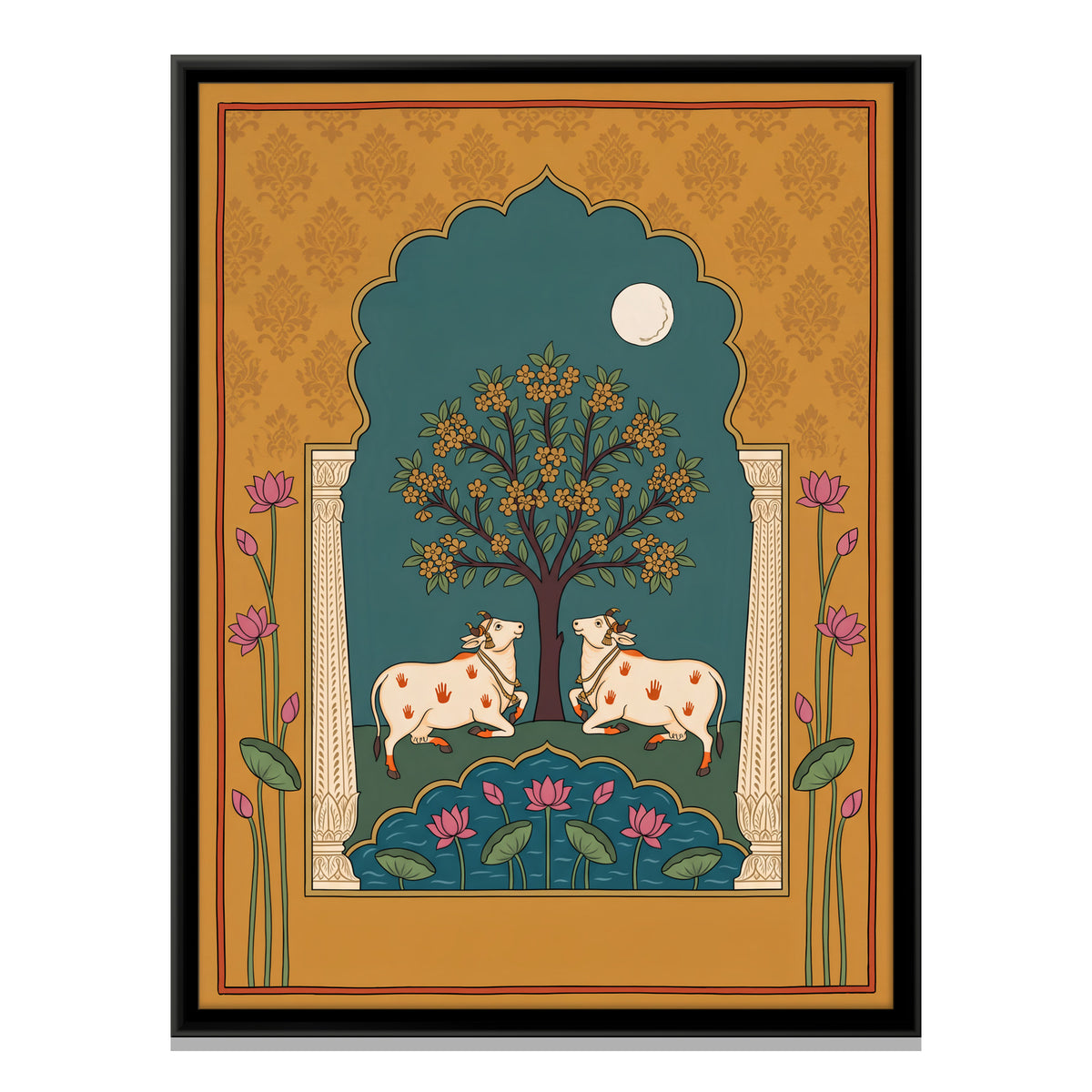 Cows Beneath a Flowering Tree - framed canvas print, front view