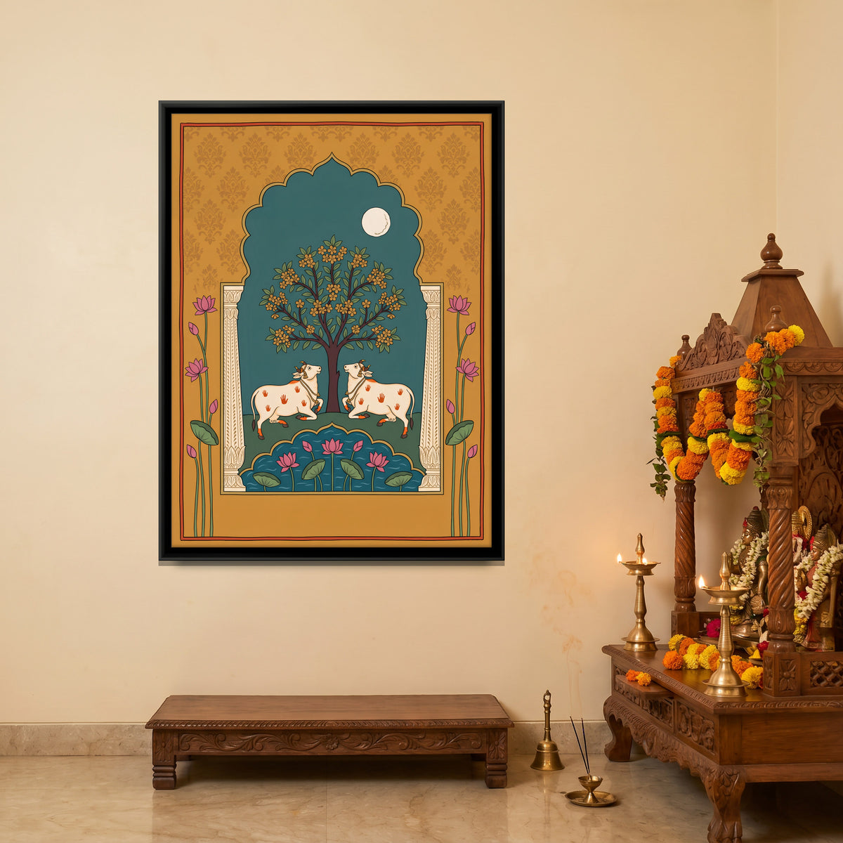 Cows Beneath a Flowering Tree - canvas art shown in a styled room