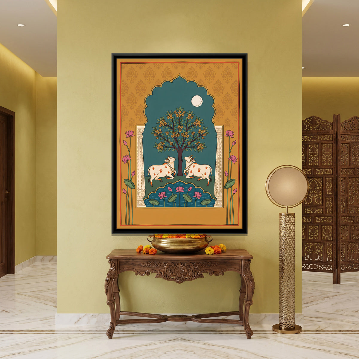 Cows Beneath a Flowering Tree - canvas art shown in a second room setting
