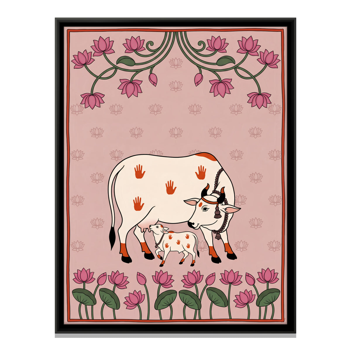 Gau Mata with Her Calf - framed canvas print, front view