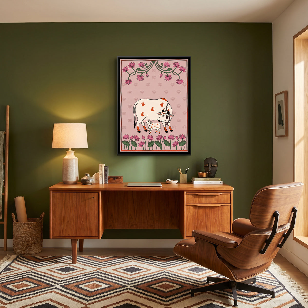 Gau Mata with Her Calf - canvas art shown in a styled room