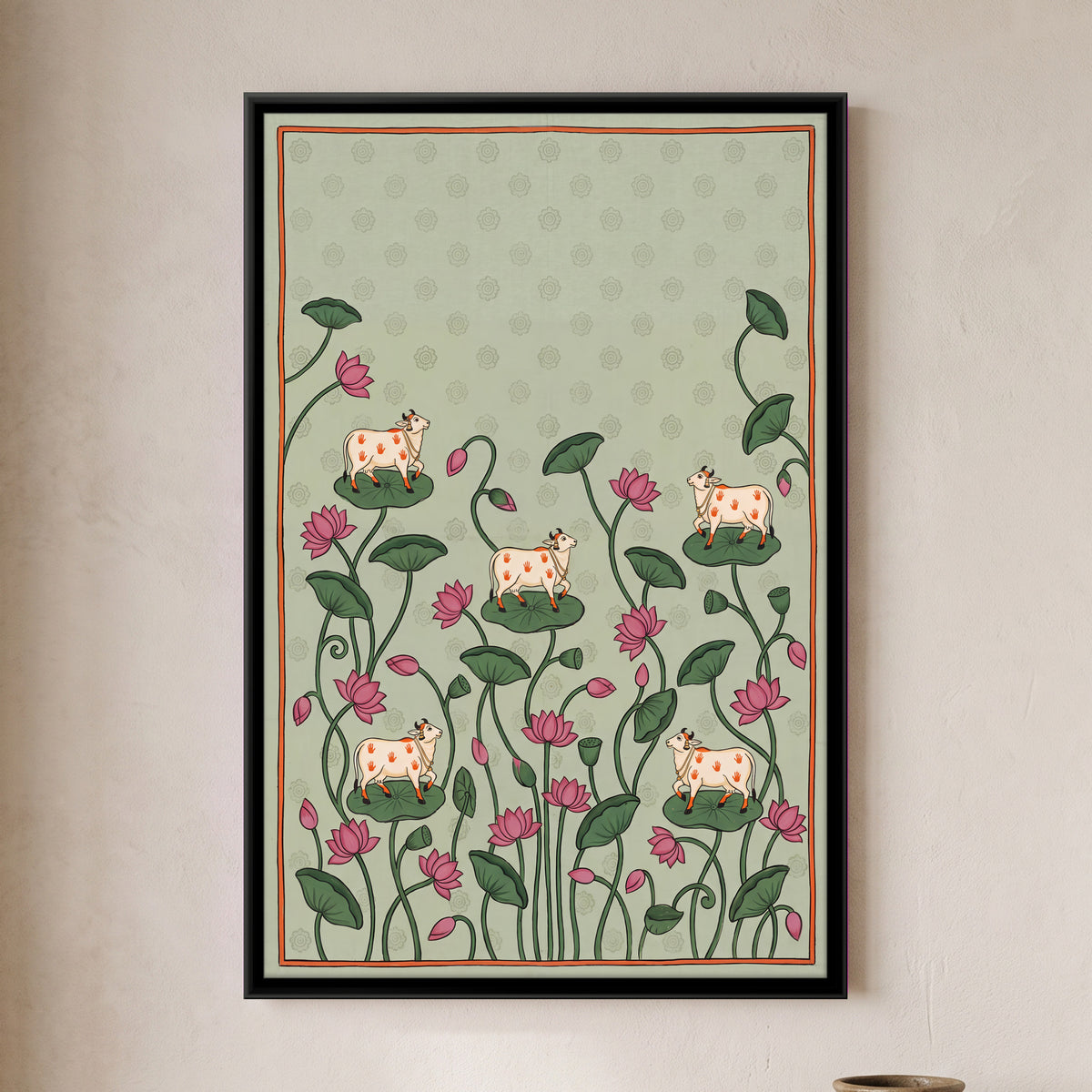 Cows on Lotus Leaves - framed canvas art hung on a wall
