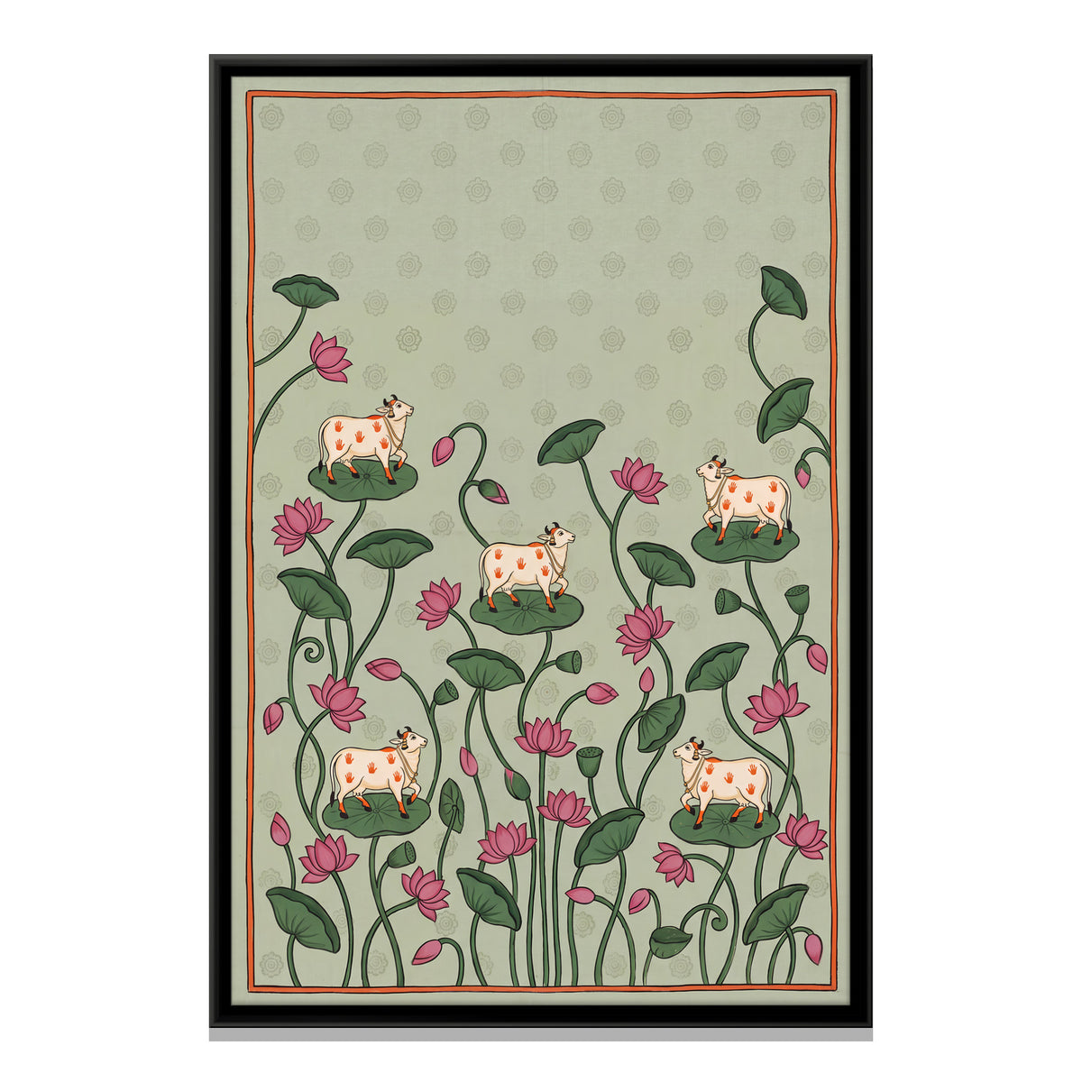 Cows on Lotus Leaves - framed canvas print, front view