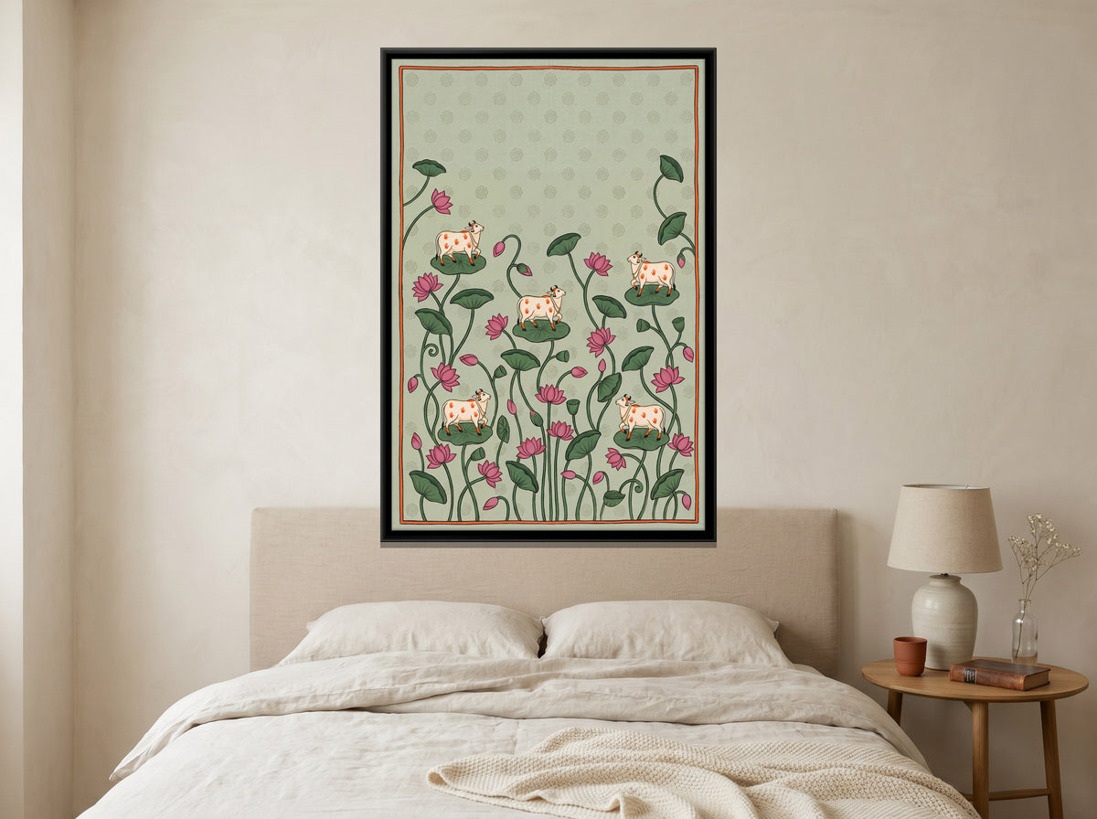 Cows on Lotus Leaves - canvas art shown in a styled room