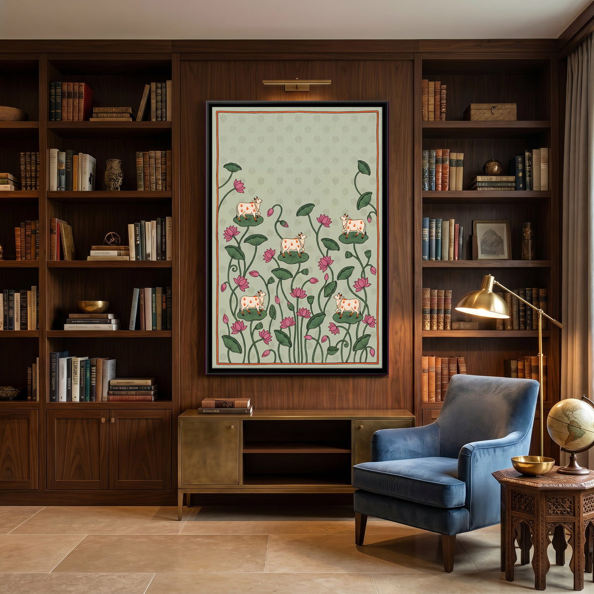 Cows on Lotus Leaves - canvas art shown in a second room setting