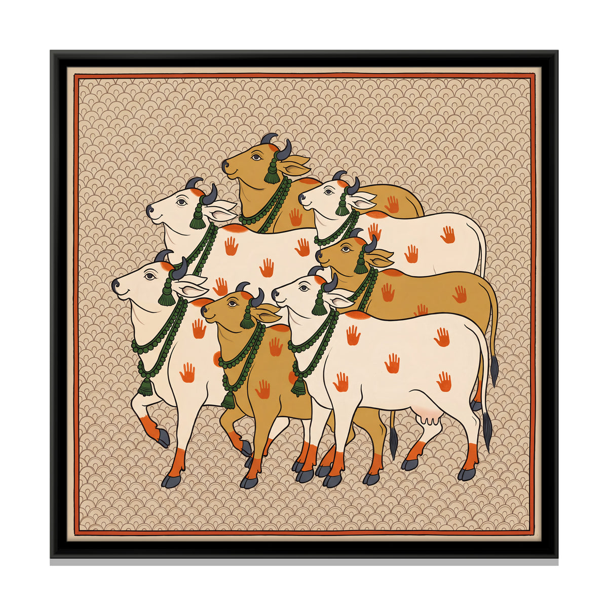 Herd of Garlanded Cows - framed canvas print, front view