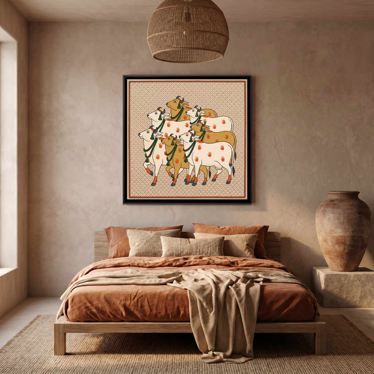 Herd of Garlanded Cows - canvas art shown in a second room setting