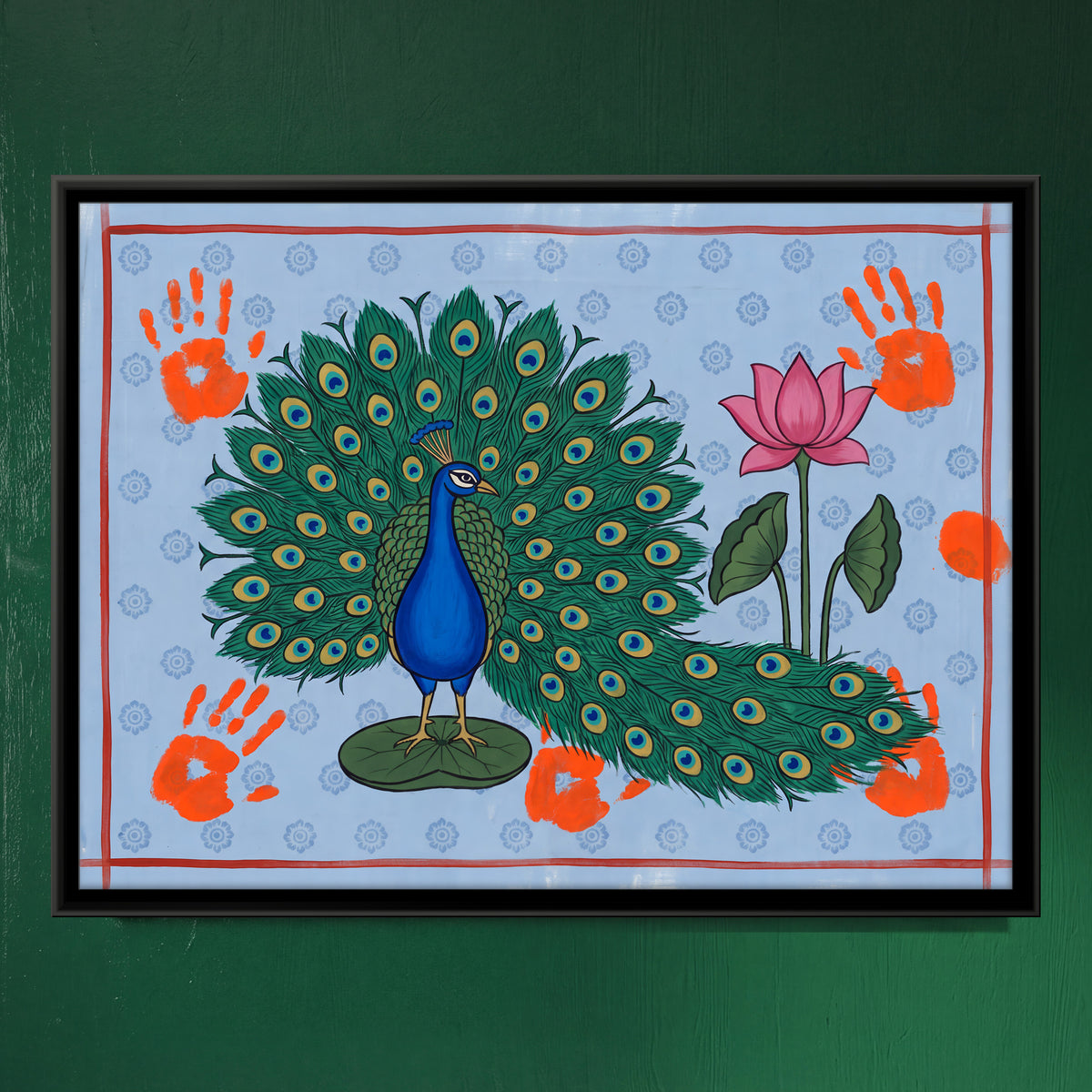 Peacock with Lotus - framed canvas art hung on a wall