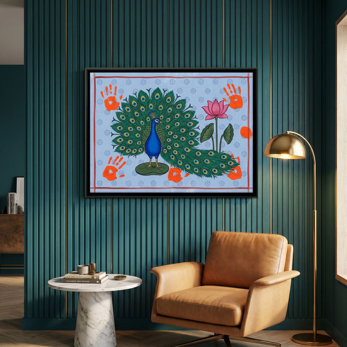 Peacock with Lotus - canvas art shown in a styled room