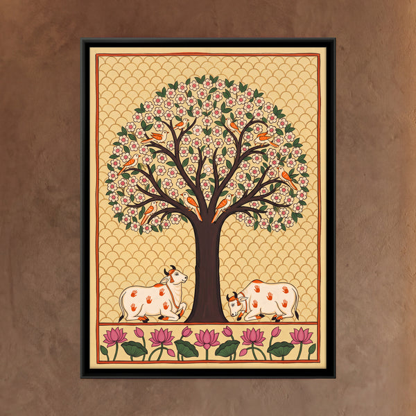 Two Cows Resting Beneath a Flowering Tree in Amber